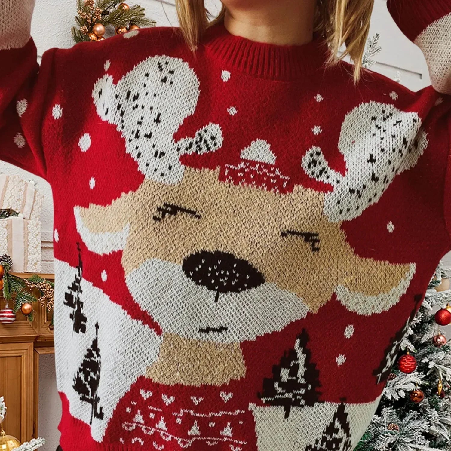 Long Sleeve Elk Snowflake Pattern Loose Knit Christmas Sweater Sweaters-L