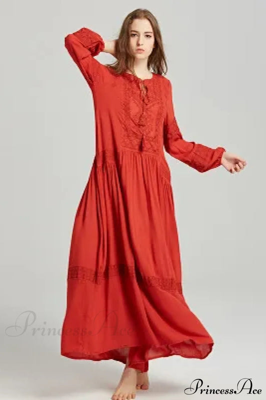 Long Sleeve Maxi Dress Red Floral Embroidery Tassel Boho Dress