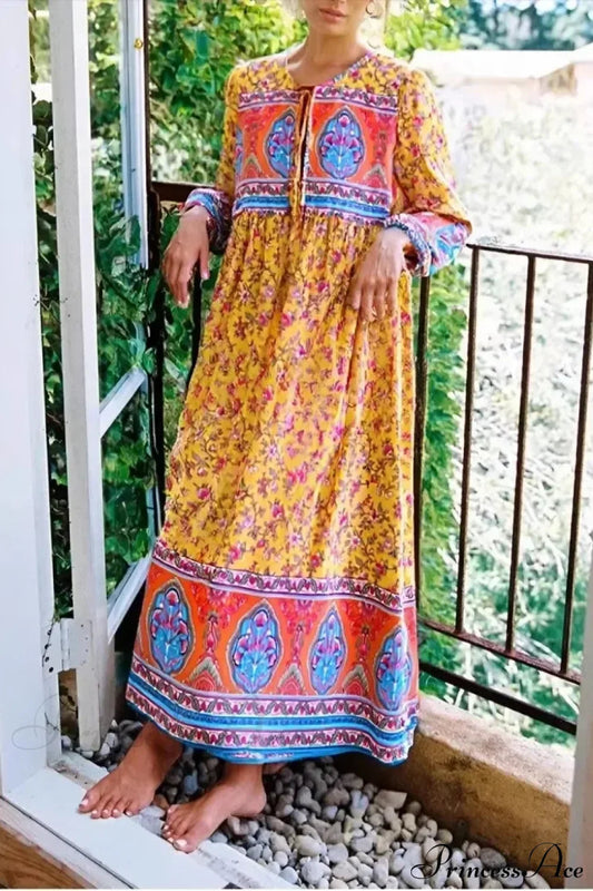 Long Sleeve Tie Neck Ethnic Yellow Floral Print Cotton Maxi Boho Dress