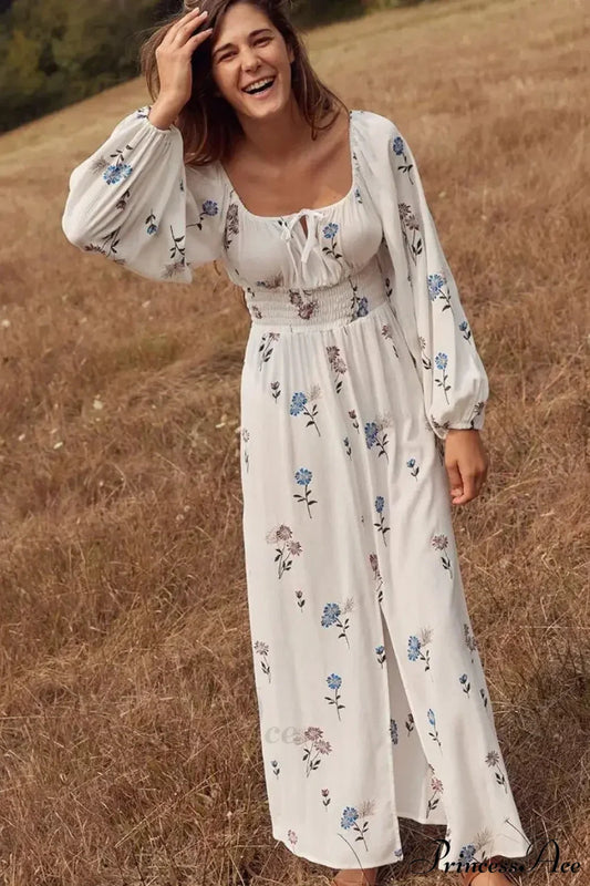 Long-sleeved Stretch Waist Split White Boho Dress