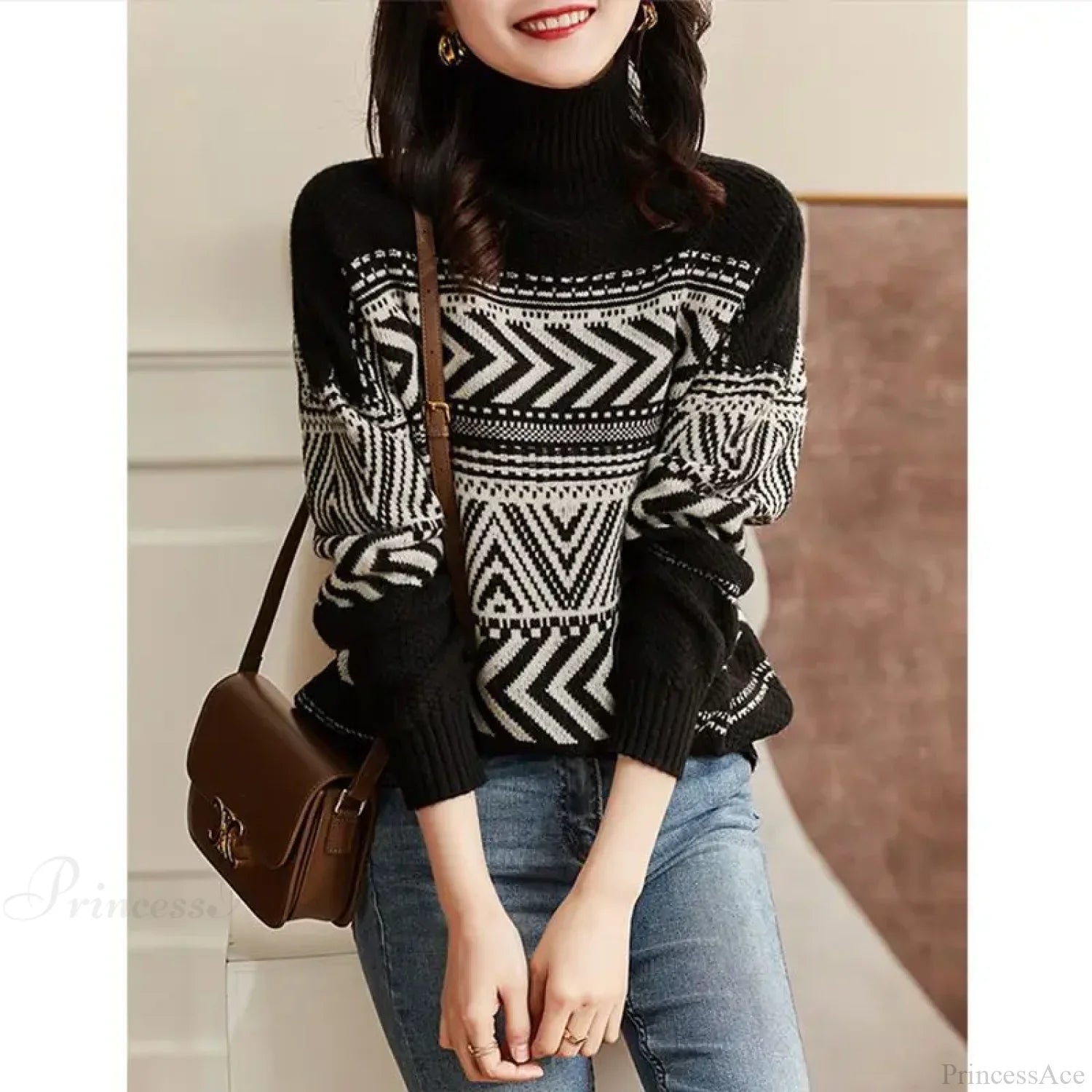 Loose Casual Versatile Fashionable High Neck Red Christmas Sweater Sweaters-L