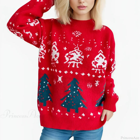Loose-Fit Thickened Red Winter Style Knitted Pullover Christmas Sweater / One Size Sweaters-L