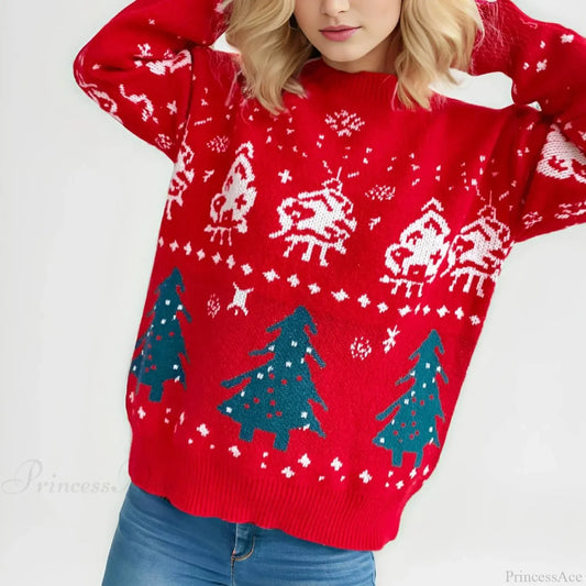 Loose-Fit Thickened Red Winter Style Knitted Pullover Christmas Sweater Sweaters-L