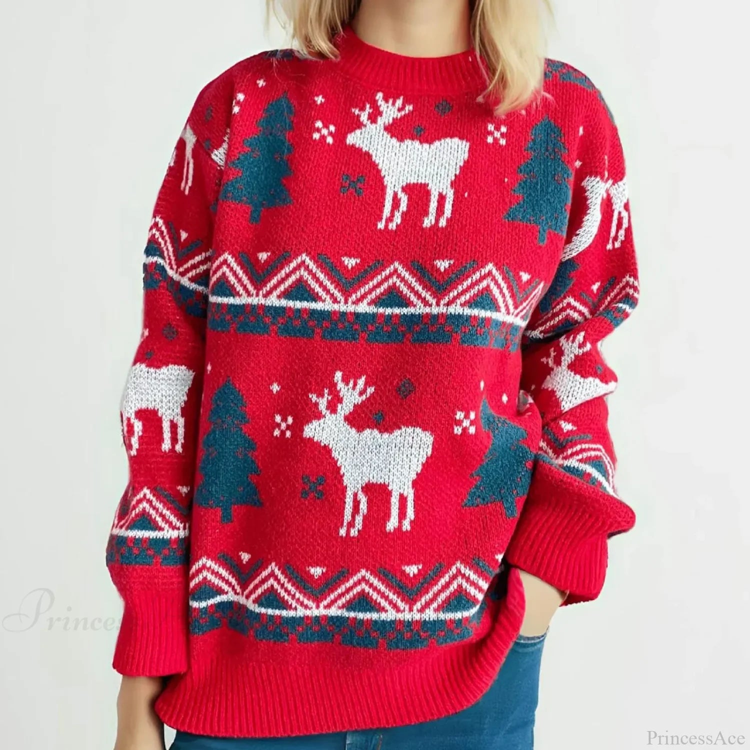 Loose-Fit Thickened Red Winter Style Knitted Pullover Christmas Sweater Watermelon / One Size