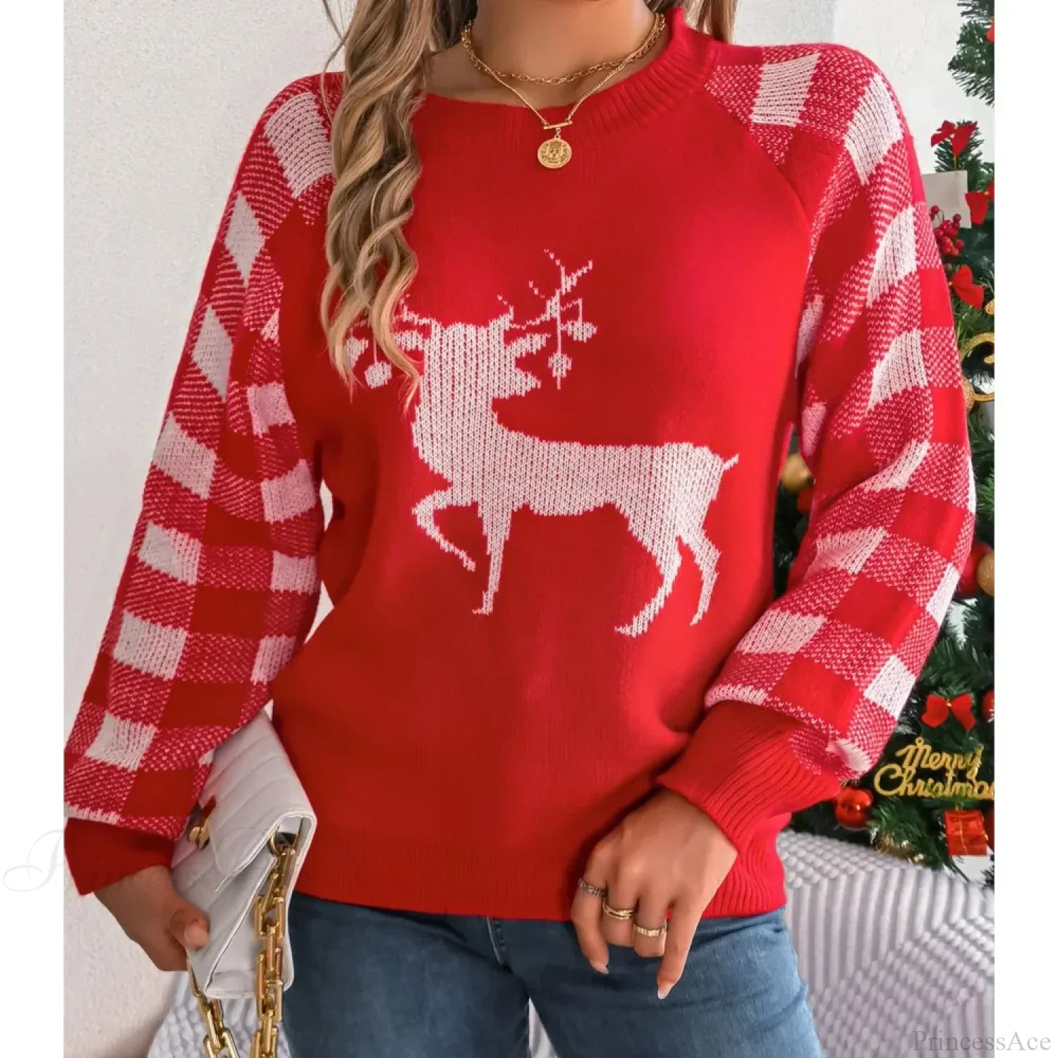 Loose Round Neck Knitted Autumn Winter Plaid Long Sleeved Christmas Sweater Sweaters-L