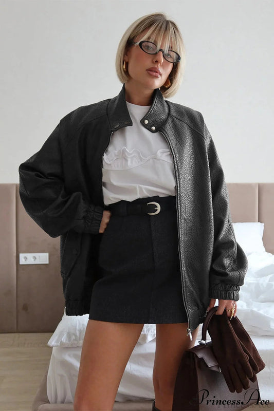 Loose Stand Collar Zipper Textured PU Leather Coat