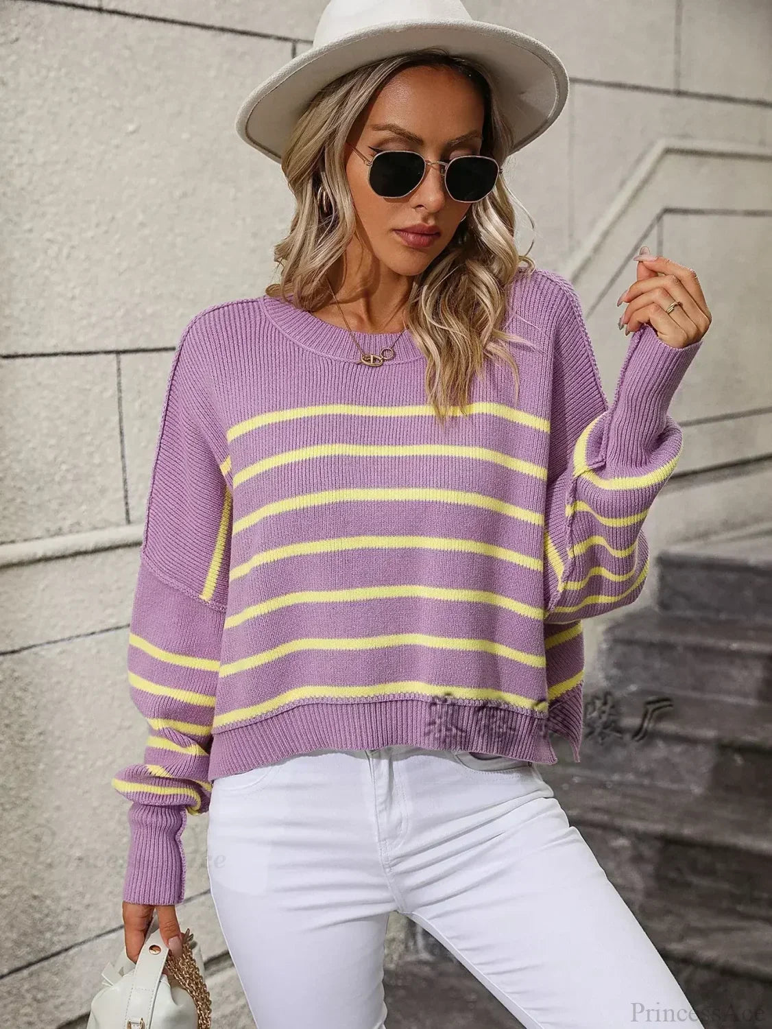 Loose Striped Crochet Sweet Sweater Purple / S