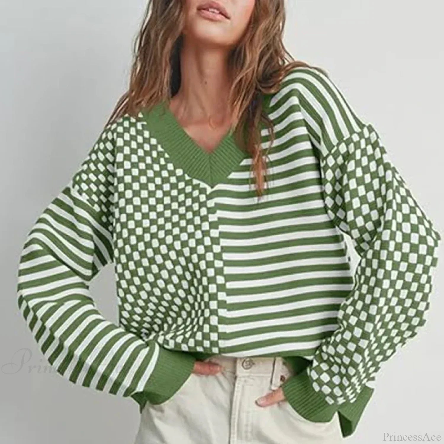 Loose Striped Plaid Casual Long Sleeve Cute Retro Chic Green Christmas Sweater Sweaters-L
