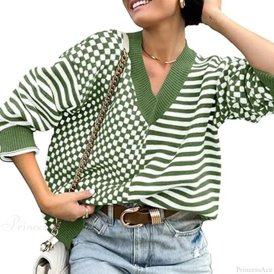 Loose Striped Plaid Casual Long Sleeve Cute Retro Chic Green Christmas Sweater Sweaters-L