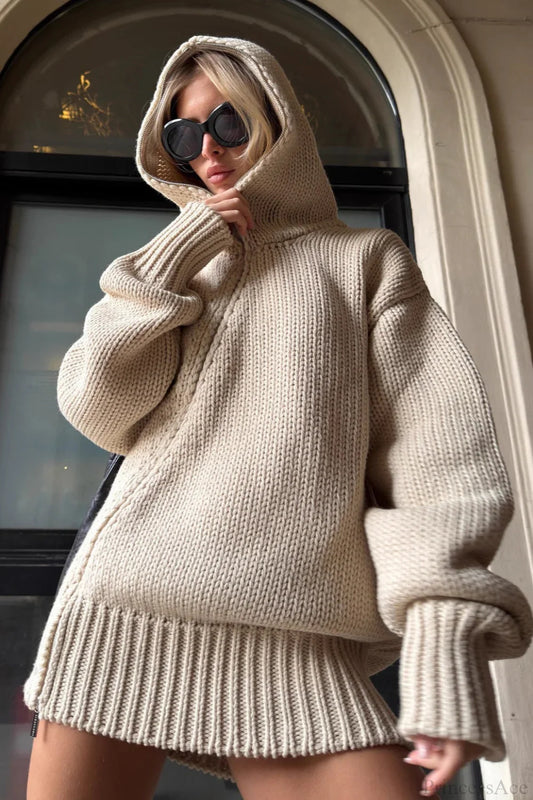 Loose Zip Hooded Knit Sweatshirt Cardigan