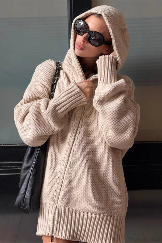 Loose Zip Hooded Knit Sweatshirt Cardigan