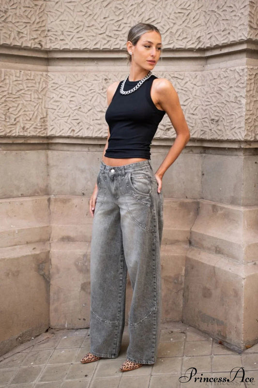 Low Waisted Relaxed Rhinestone Straight Jeans