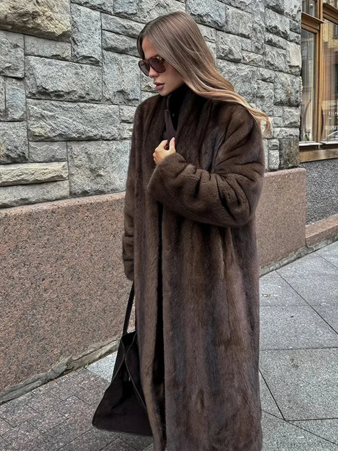 Luxury Fox Coat Long Overcoat darkbrown / S
