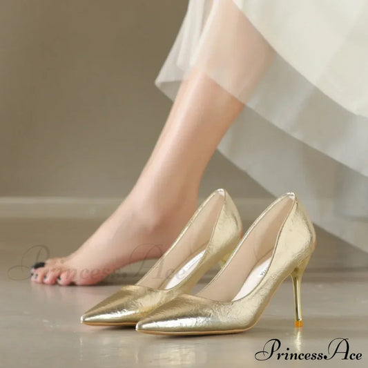 Luxury Gold Shiny Pumps Brand Large Size Sexy Party Pointed Toe Wedding High Heel