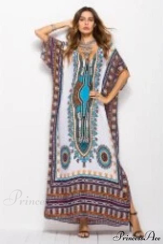 Maxi Kaftan Dress Rayon Ethnic Floral Print Beach Sundress