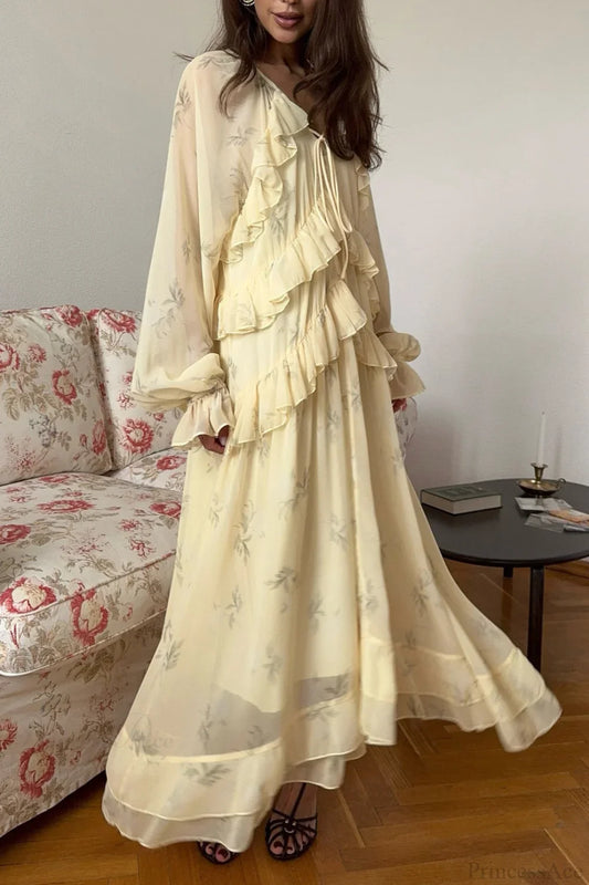 Mesh V Neck Ruffled Fitted Maxi Dress