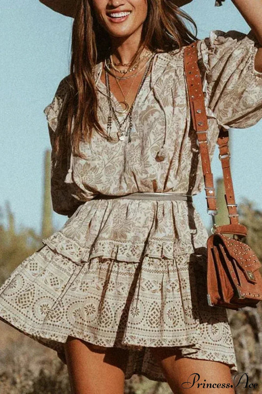 Mini Dress Boho Vintage Long Sleeve Floral Print Autumn Beach Dress