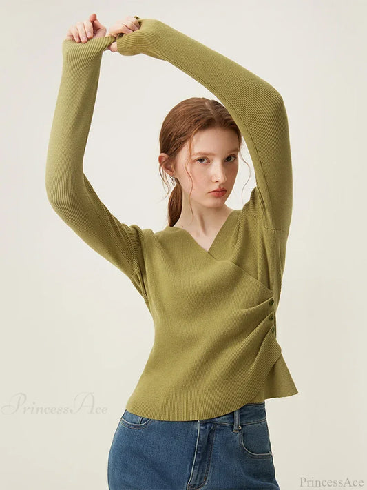 Minimalist V-neck Knit Bottom Sweater Sweater army green / S