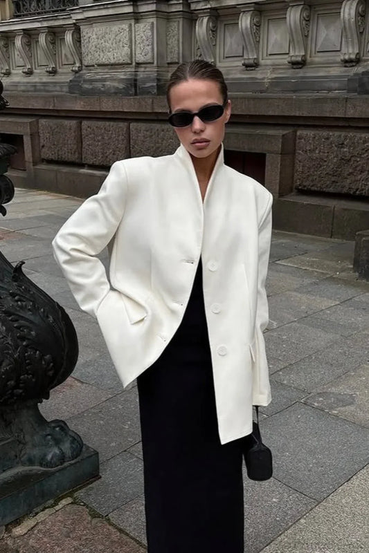 Minimalist White V-Neck Elegant Relaxed Coat