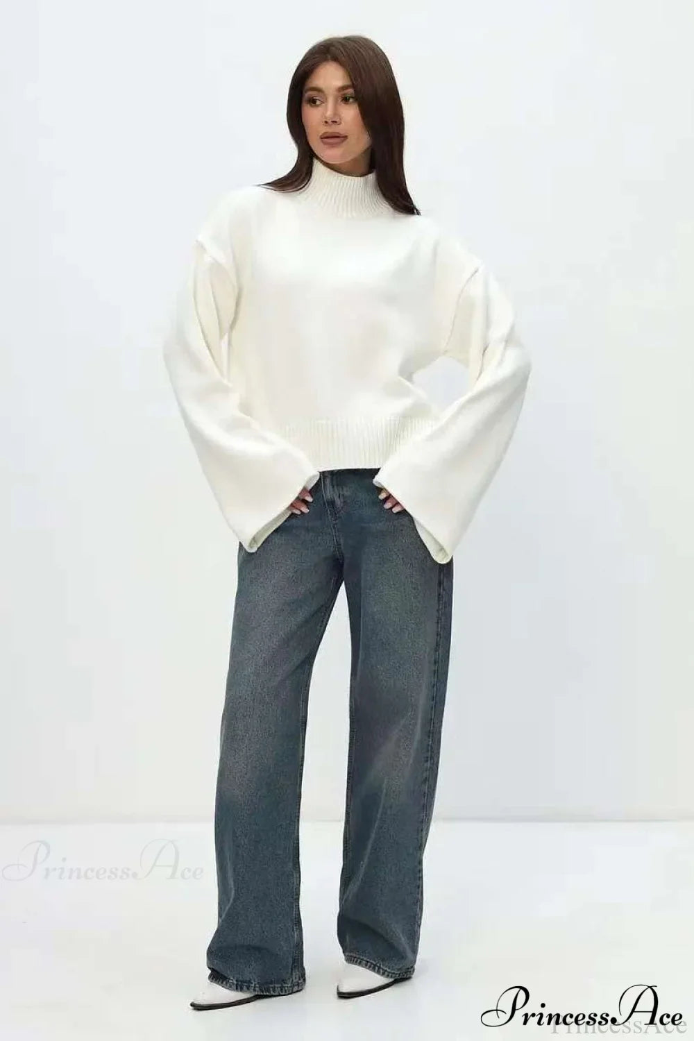 Mock Neck Bell-Sleeve Loose Short Sweater