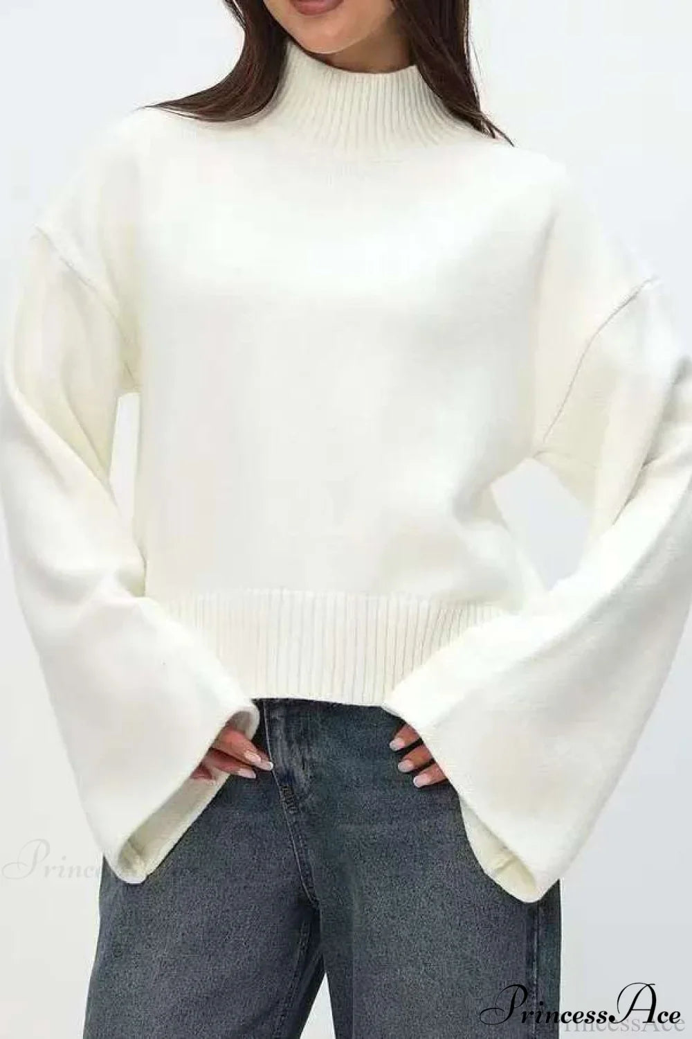 Mock Neck Bell-Sleeve Loose Short Sweater