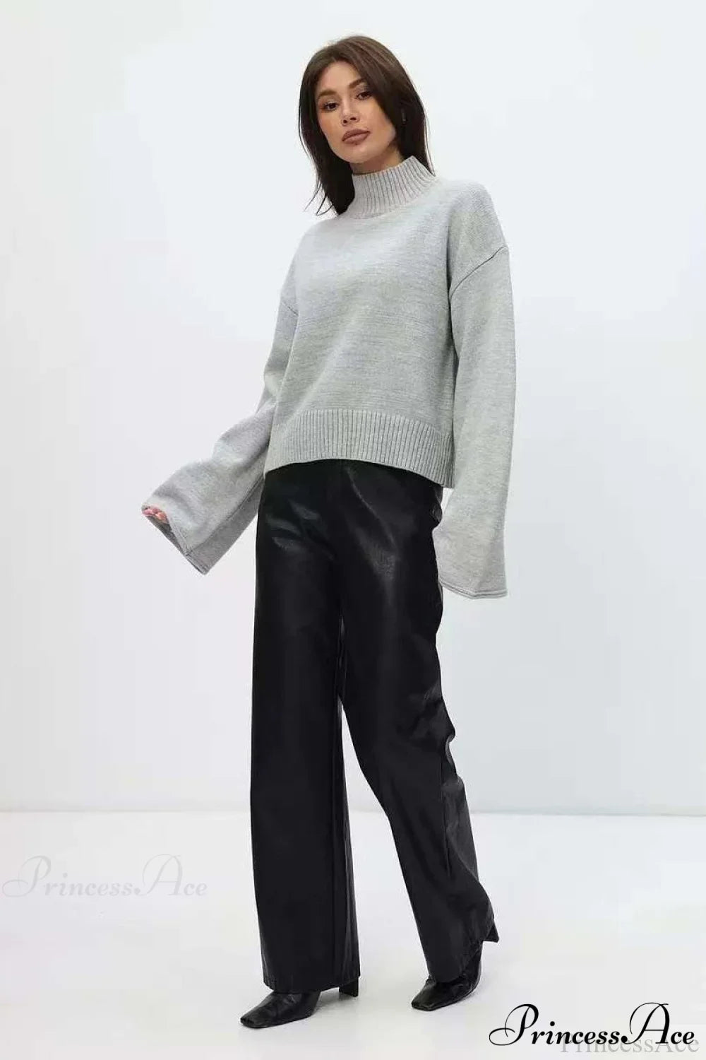 Mock Neck Bell-Sleeve Loose Short Sweater