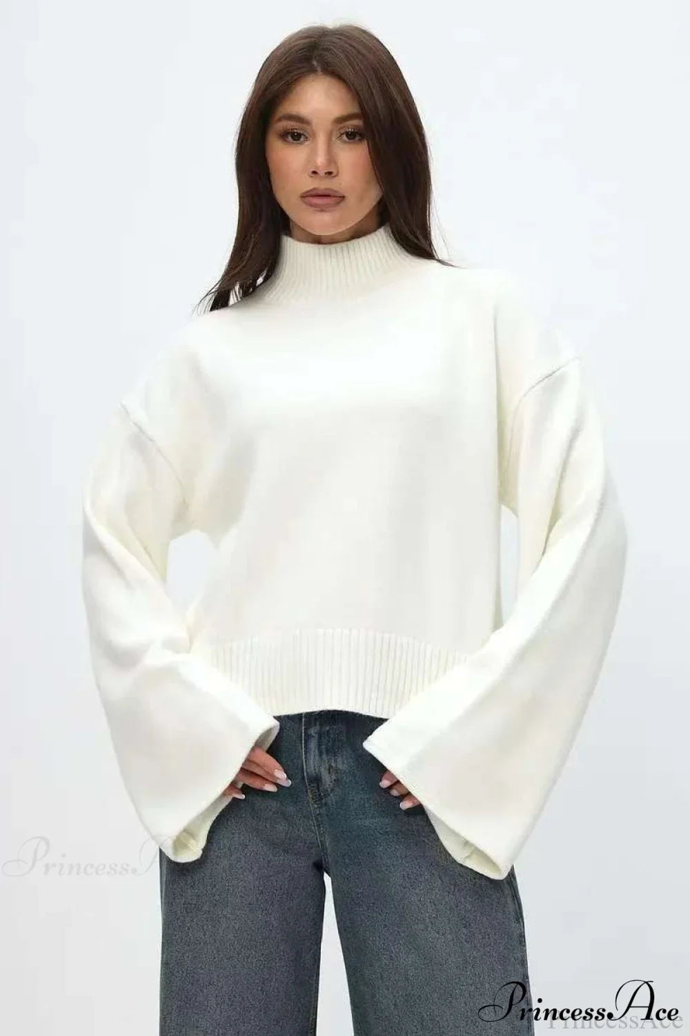 Mock Neck Bell-Sleeve Loose Short Sweater