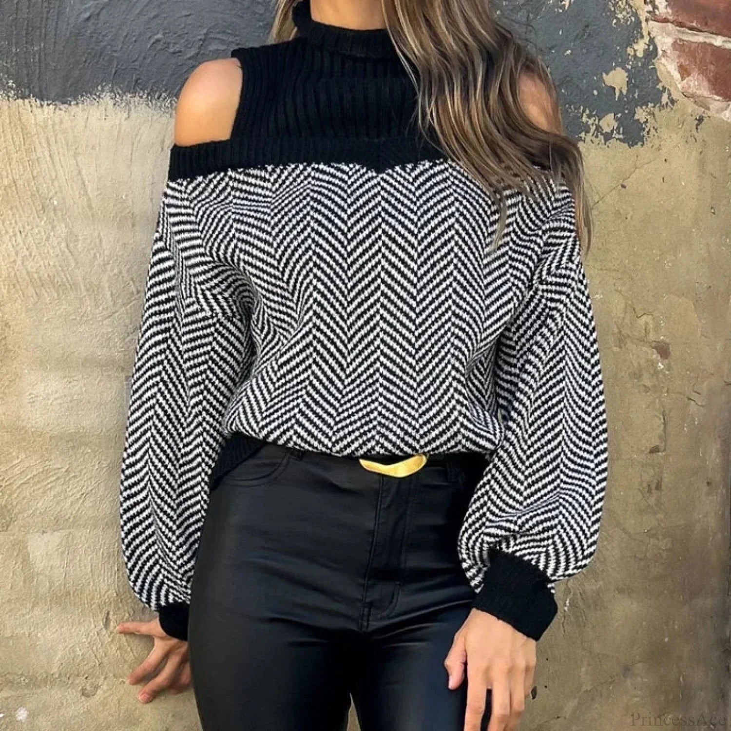 Mock Neck Hollow Out Black Sweater