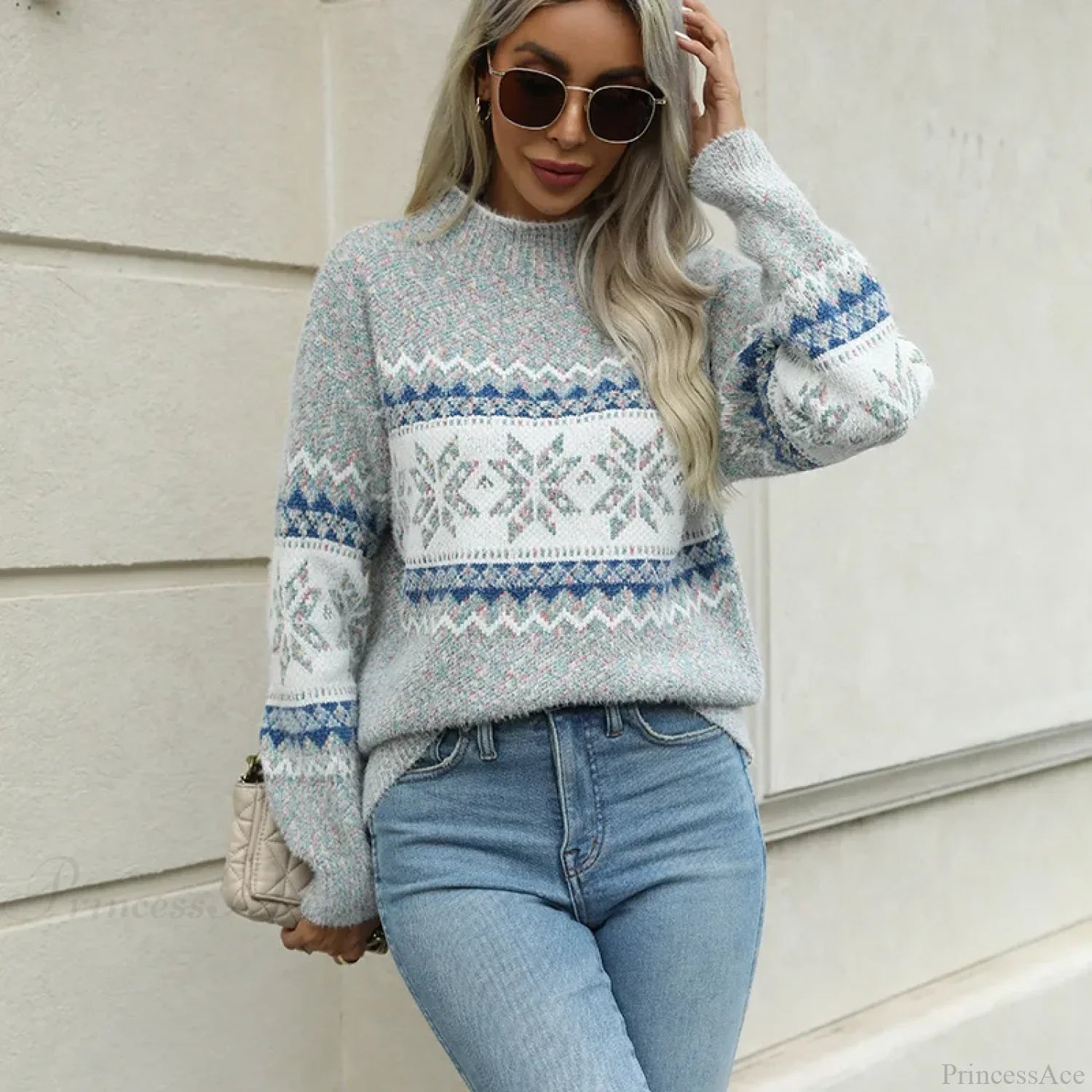 Mock Neck Long Sleeve Street Fashion Christmas Snowflake Jacquard Sweater Gray / S Sweaters-L