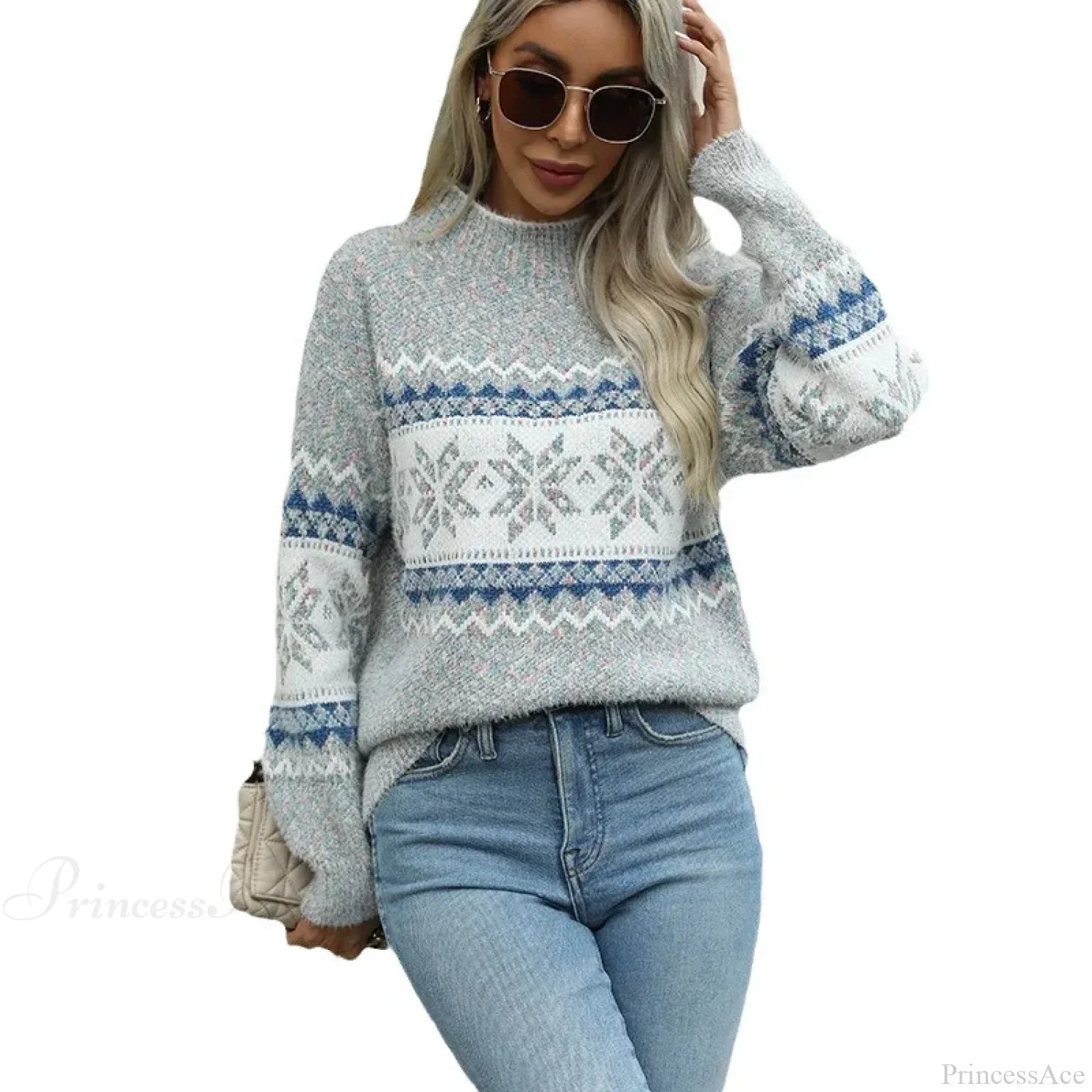 Mock Neck Long Sleeve Street Fashion Christmas Snowflake Jacquard Sweater Sweaters-L