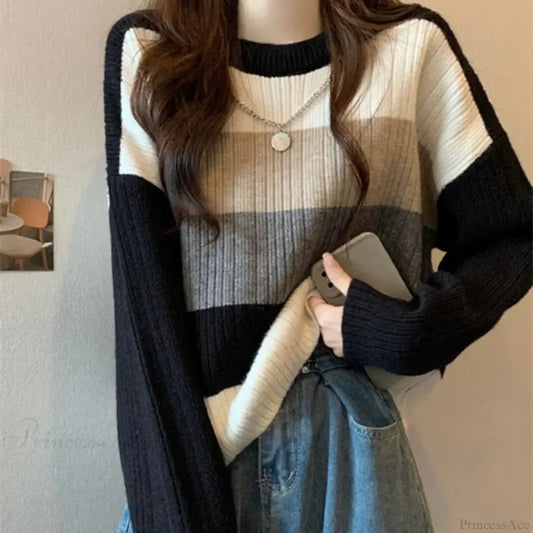 Multi-Color Splicing Lazy Style Slimming Sweater Black / S