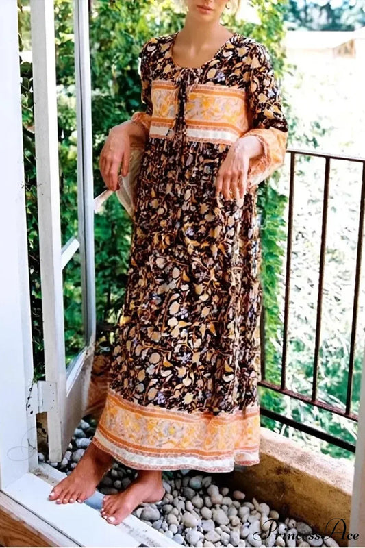 Multi Floral Print Tie Neck Tassel Vintage Bohemian Maxi Dress