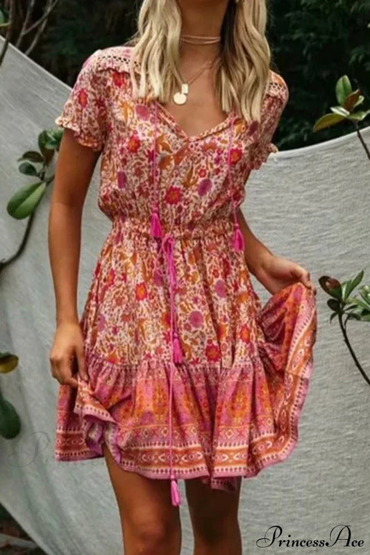 Multi Floral Print V-neck Half Sleeve Loose Mini Boho Dress