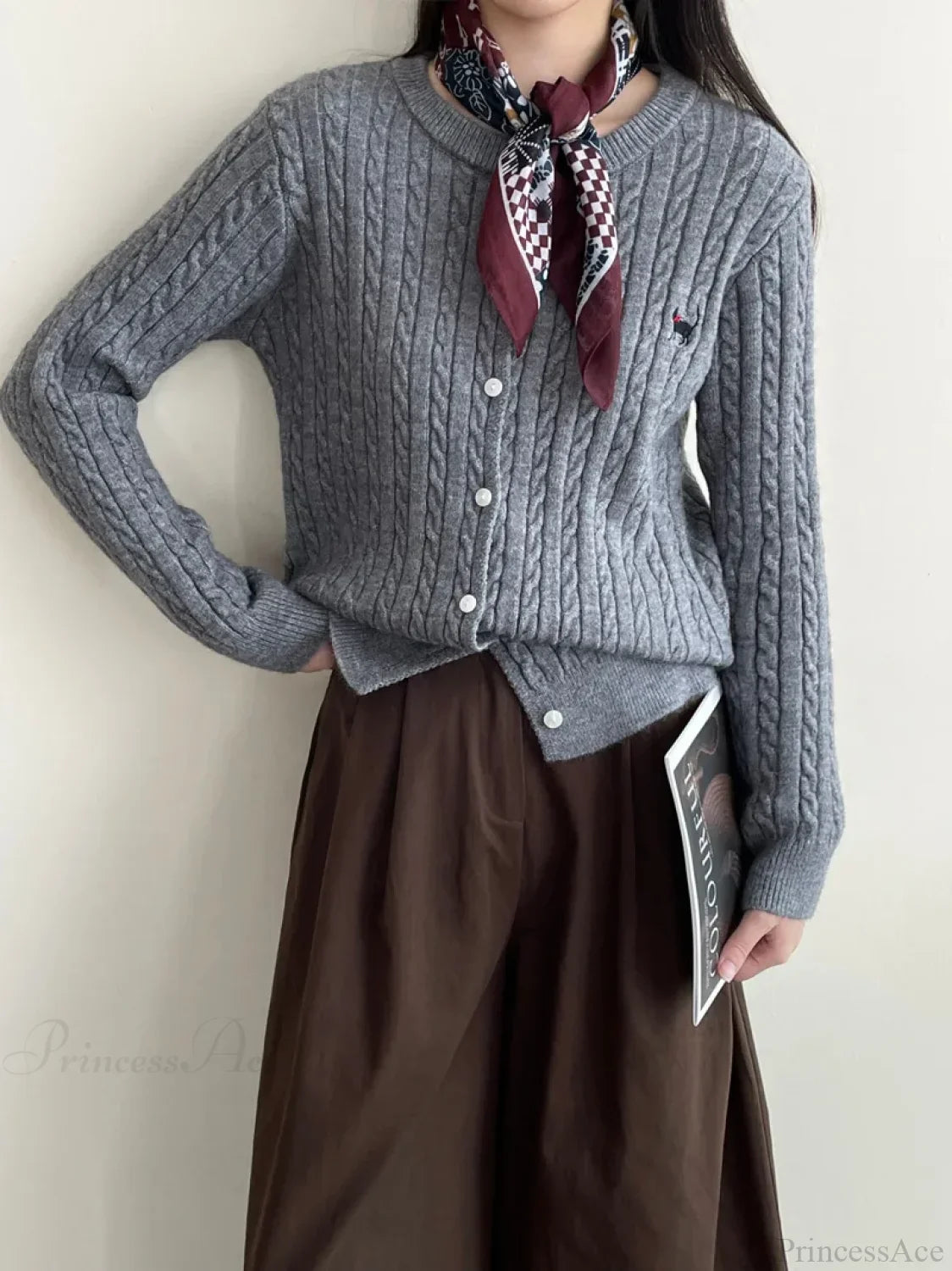 Navy Blue Cable Knit Cartoon Embroidered Trendy Cardigan Christmas Sweater Gray / One Size