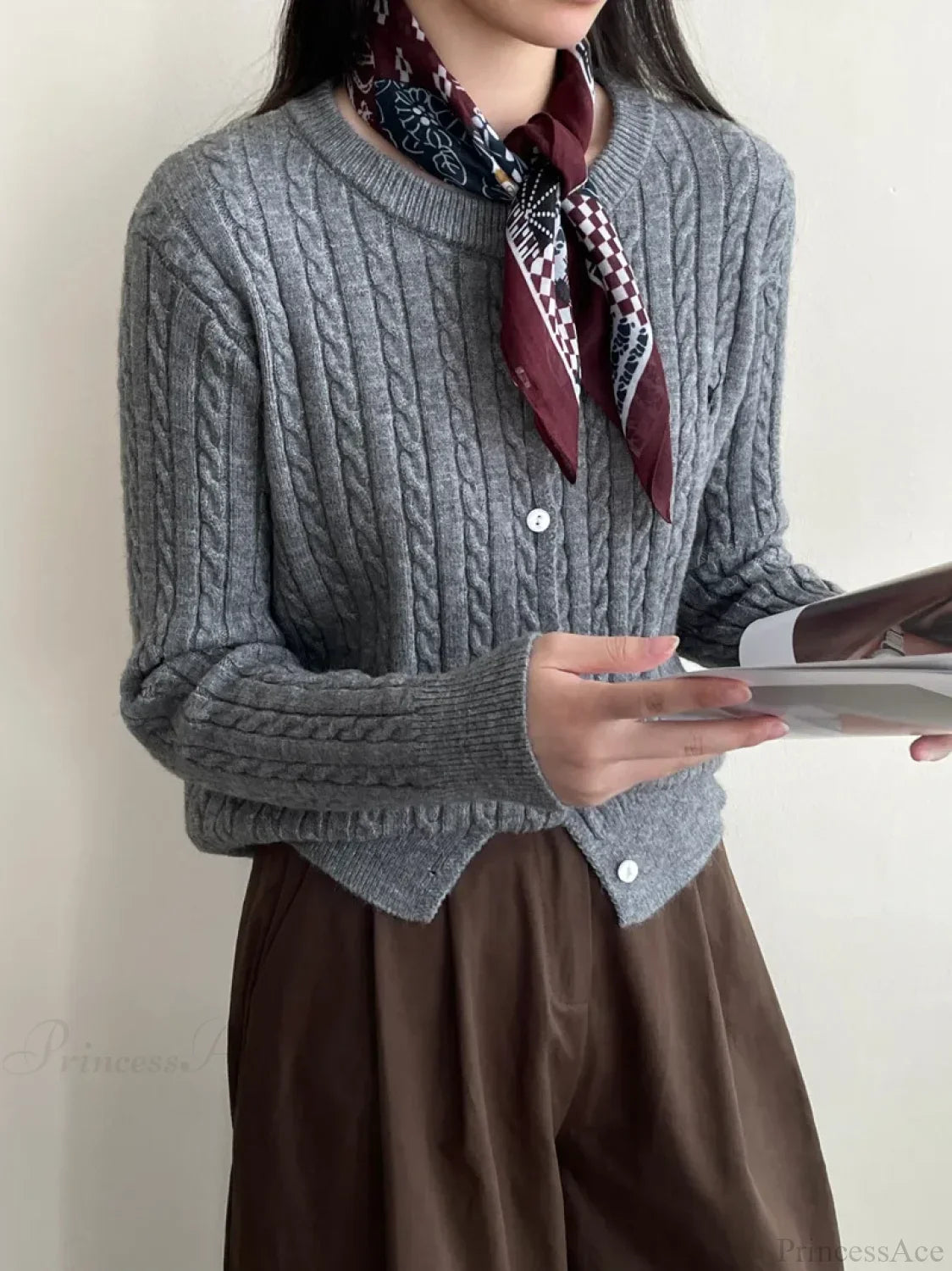 Navy Blue Cable Knit Cartoon Embroidered Trendy Cardigan Christmas Sweater Sweaters-L