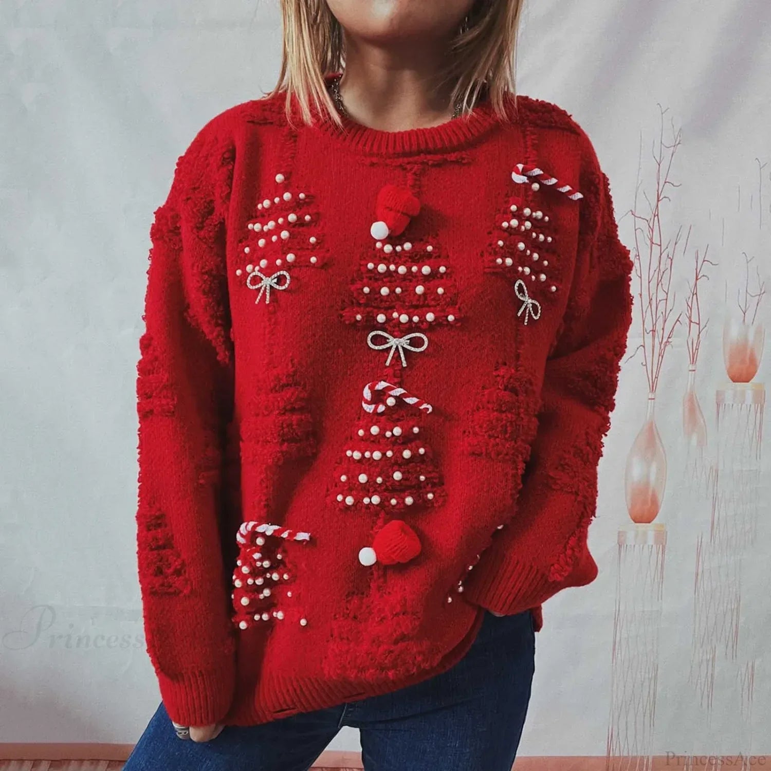 New O-Neck Lantern Sleeve Loose Knitted Casual Christmas Sweater Sweaters-L