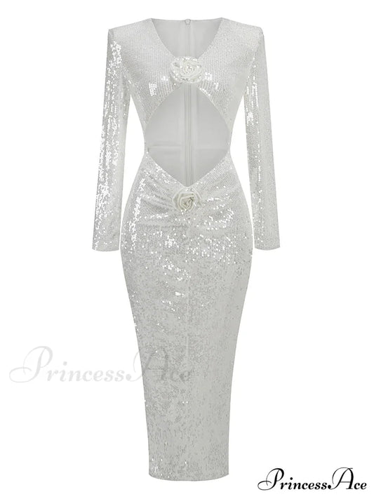 New Sexy Long Sleeves Luxury Sequins Slim Dress Hollow Flower Christmas Party Dress