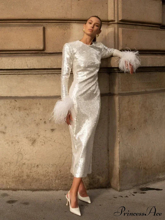 New Women O Neck Long Sleeve Luxury Sequin Feather Christmas Party Dress