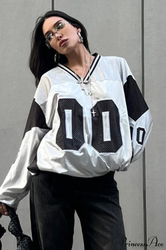 Number Print V Neck Color Block Loose Sweatshirt