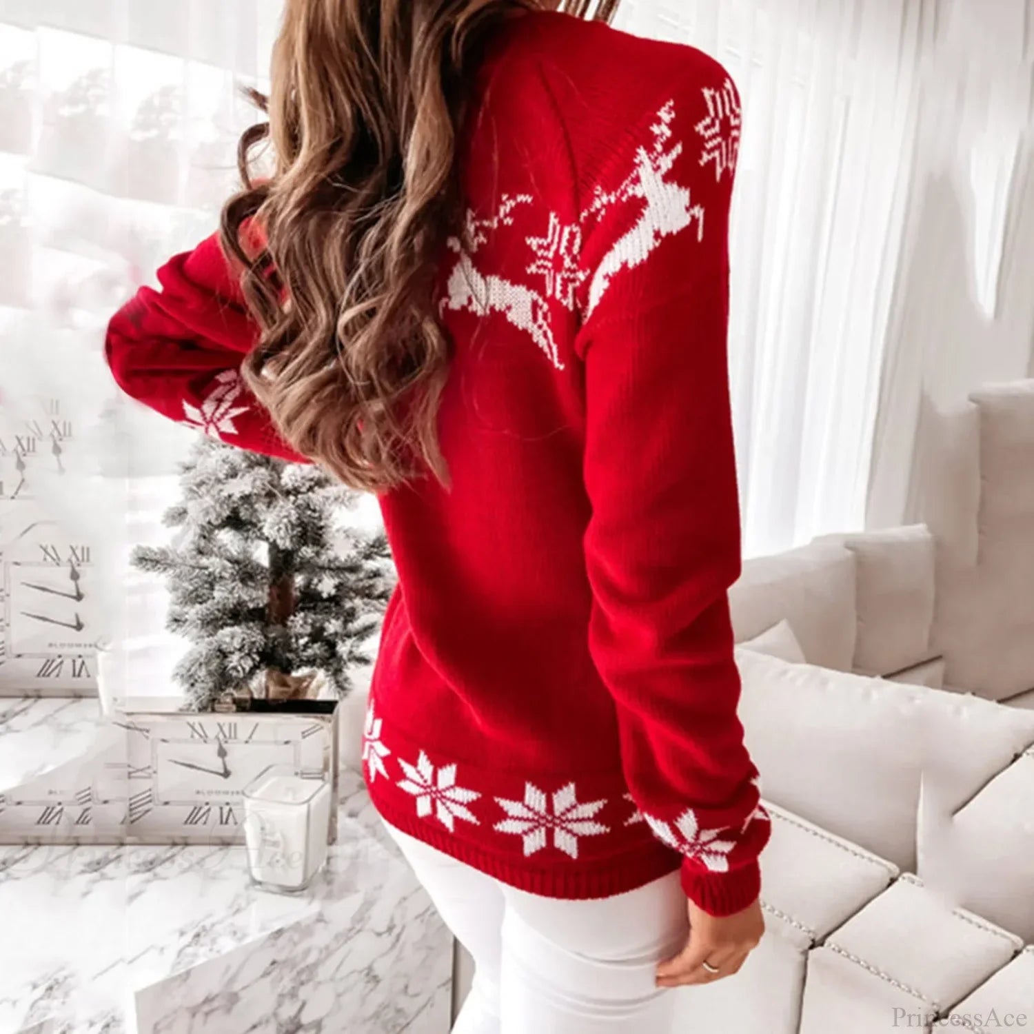 O Neck Elk Snowflake Casual Autumn Winter Pullover Christmas Sweater Sweaters-L