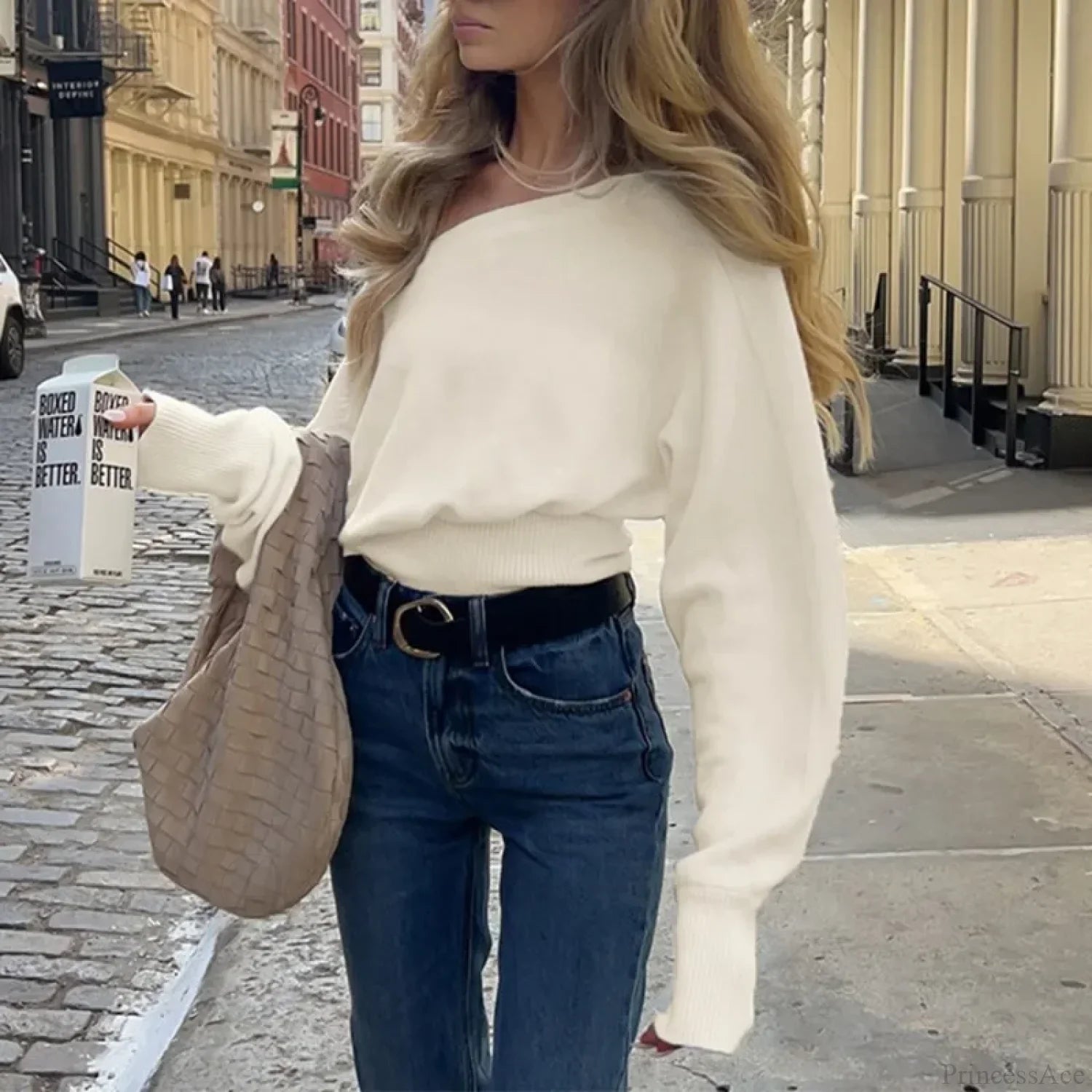 Off-Shoulder Long-Sleeved Knitted Sweater