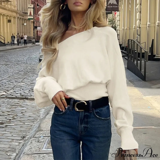 Off-Shoulder Long-Sleeved Knitted Sweater