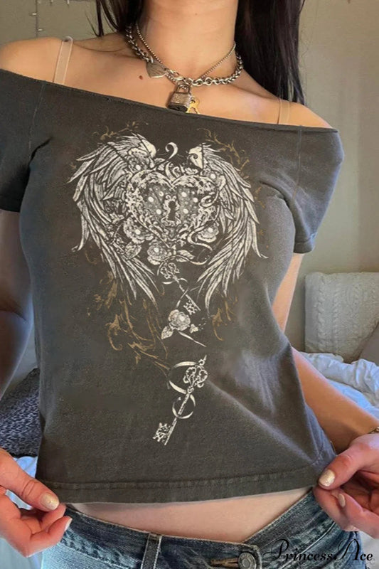 Off Shoulder Wing Print T-shirt