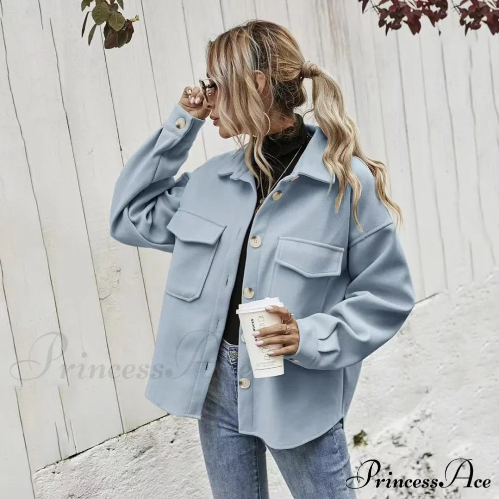 Office Lady Vintage Pockets Trench Jacket Sky-Blue / S