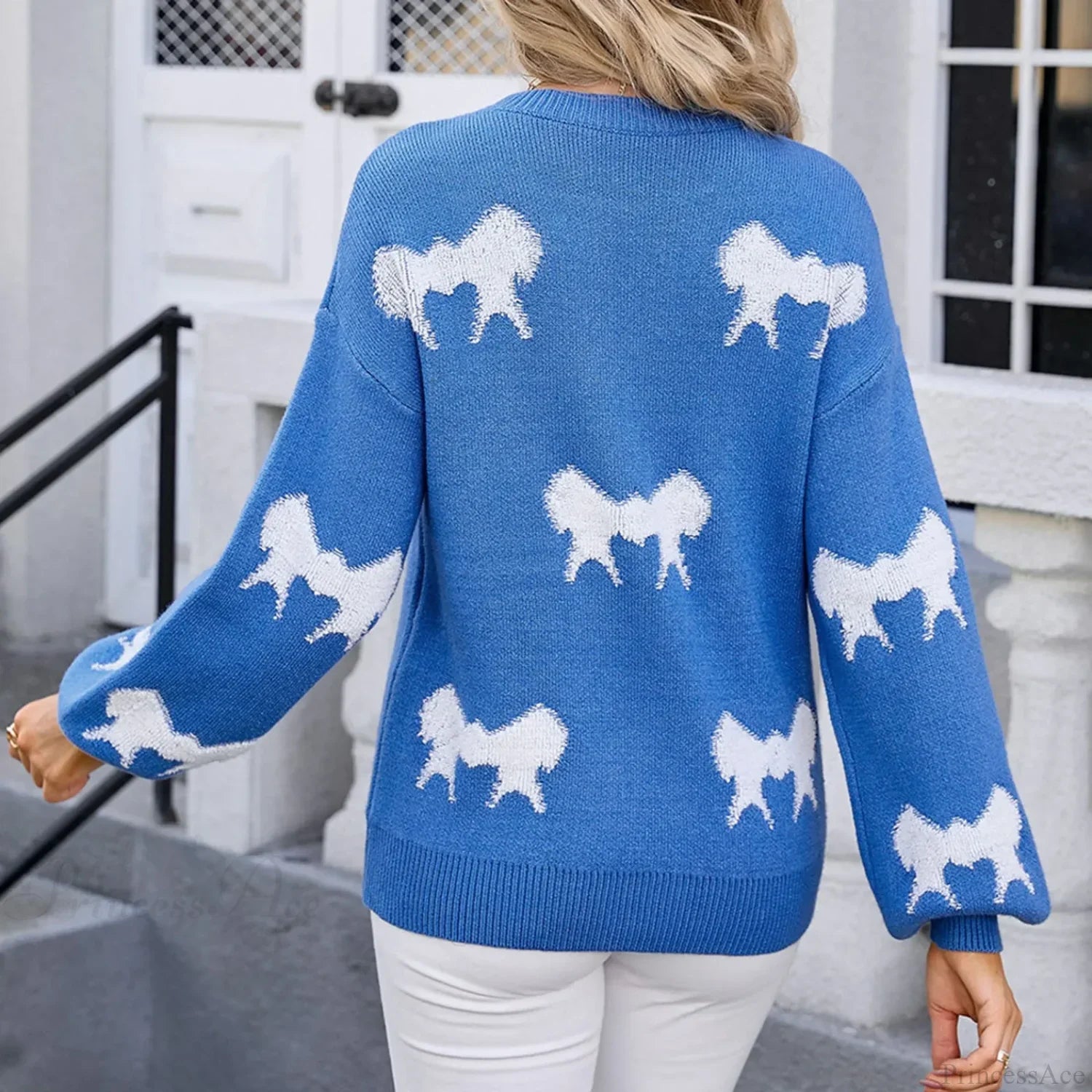 Oversize Bow Basic Print O-Neck White Thick Knitted Christmas Sweater Sweaters-L