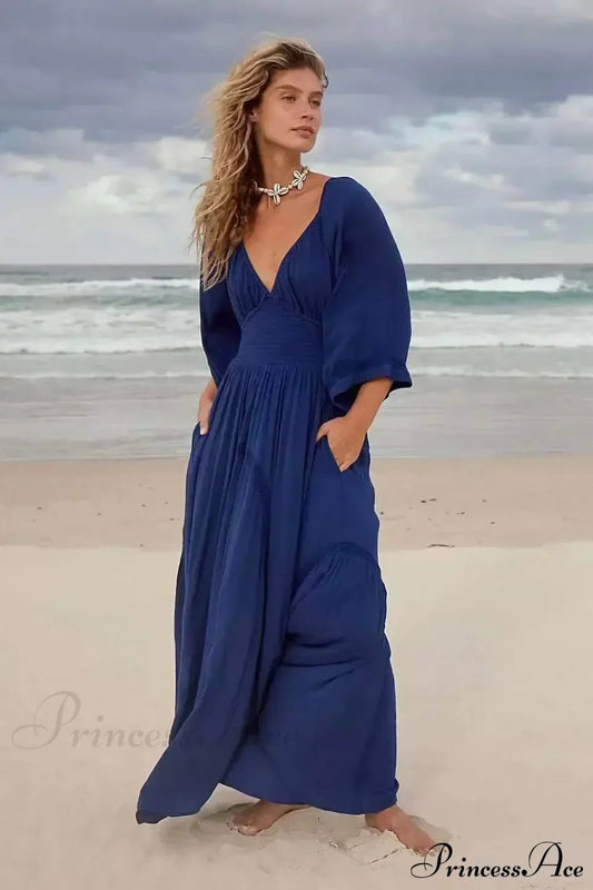 Oversized Backless Deep V Cotton Boho Dress