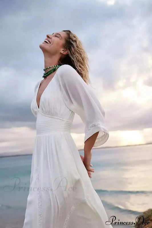 Oversized Backless Deep V Cotton Boho Dress