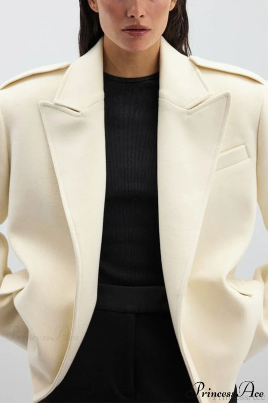 Oversized Notch Lapel Epaulette Woolen Blazer Apricot / S