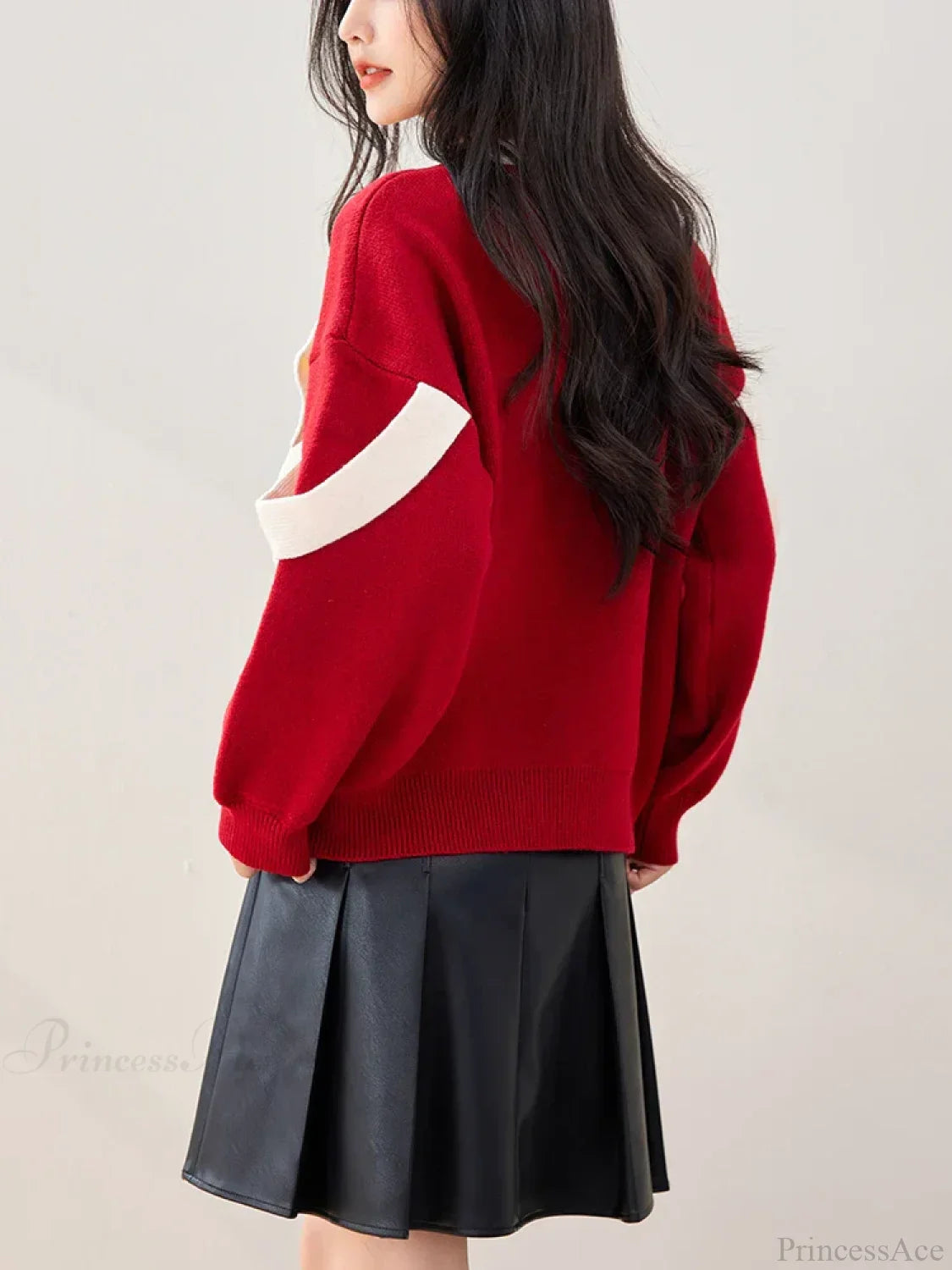 Oversized Red Bow Winter Patchwork Soft Long Sleeve Christmas Sweater Sweaters-L
