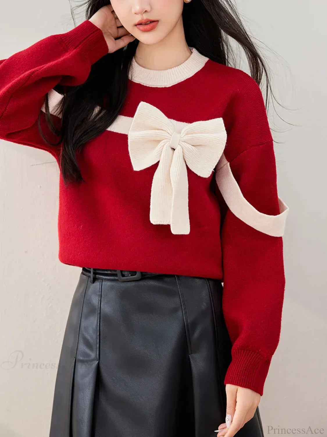 Oversized Red Bow Winter Patchwork Soft Long Sleeve Christmas Sweater Sweaters-L
